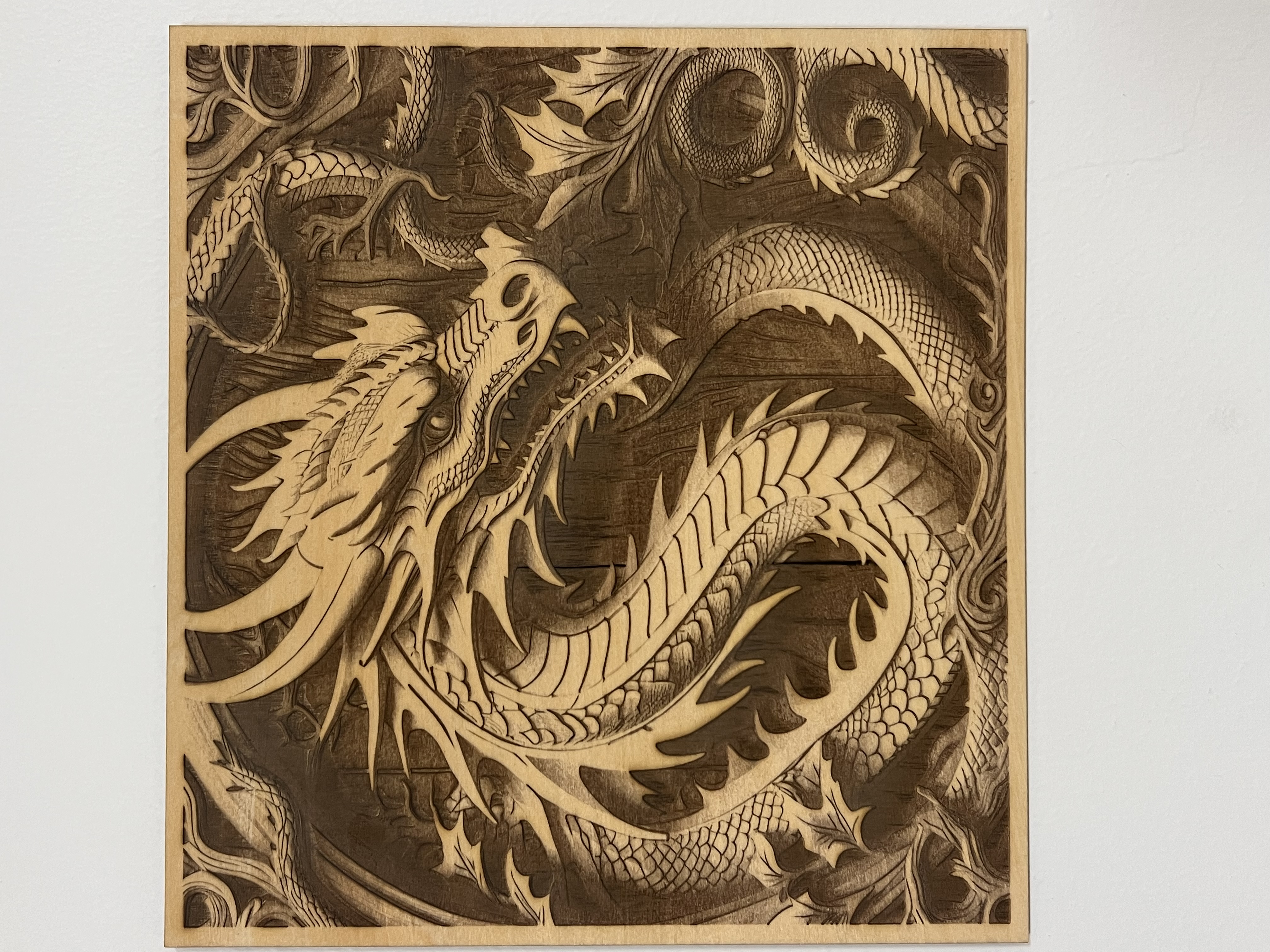 Laser Engraved dragon on 3mm basswood plywood